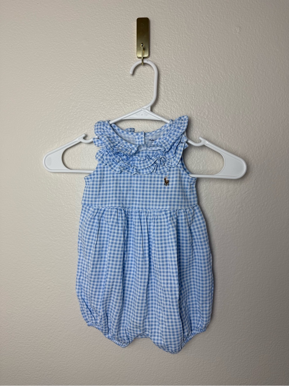 Ralph Lauren One Piece Romper 12 Months Blue Gingham Preppy Classic Cottagecore
